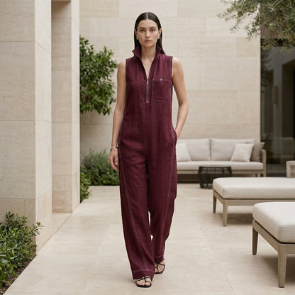 Relaxed Wide-Leg Sleeveless Jumpsuit with Structured Stand Collar