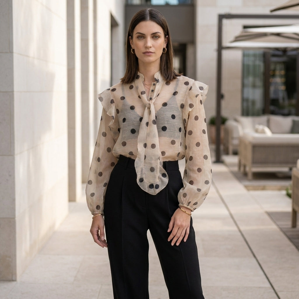 Sheer Polka Dot Blouse with Statement Tie Neck and Ruffle Details