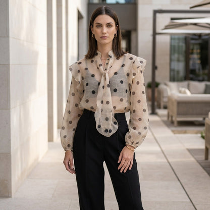 Sheer Polka Dot Blouse with Statement Tie Neck and Ruffle Details