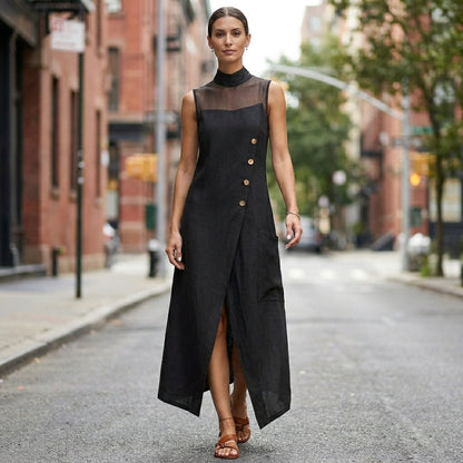 Sleeveless A-Line Maxi Dress with Sheer Mesh Yoke and Asymmetric Buttons