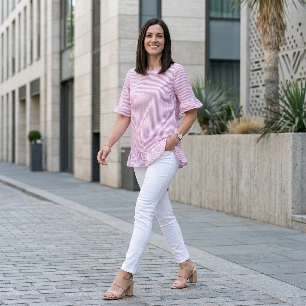Relaxed Stripe Ruffle Hem Tunic Blouse for Women