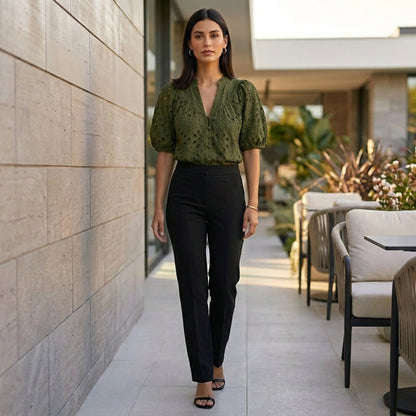 Embroidered V-Neck Blouse with Voluminous Lantern Sleeves and Eyelet Detail
