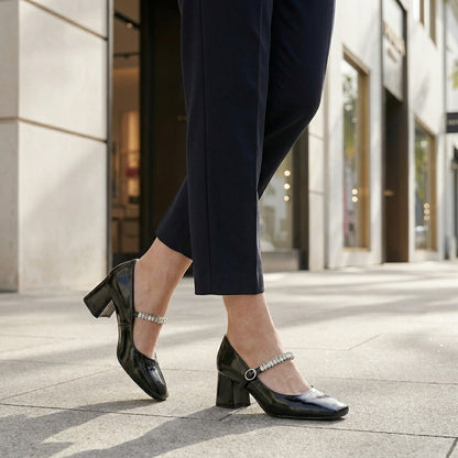Square Toe Mary Jane Heels with Crystal Strap Detail