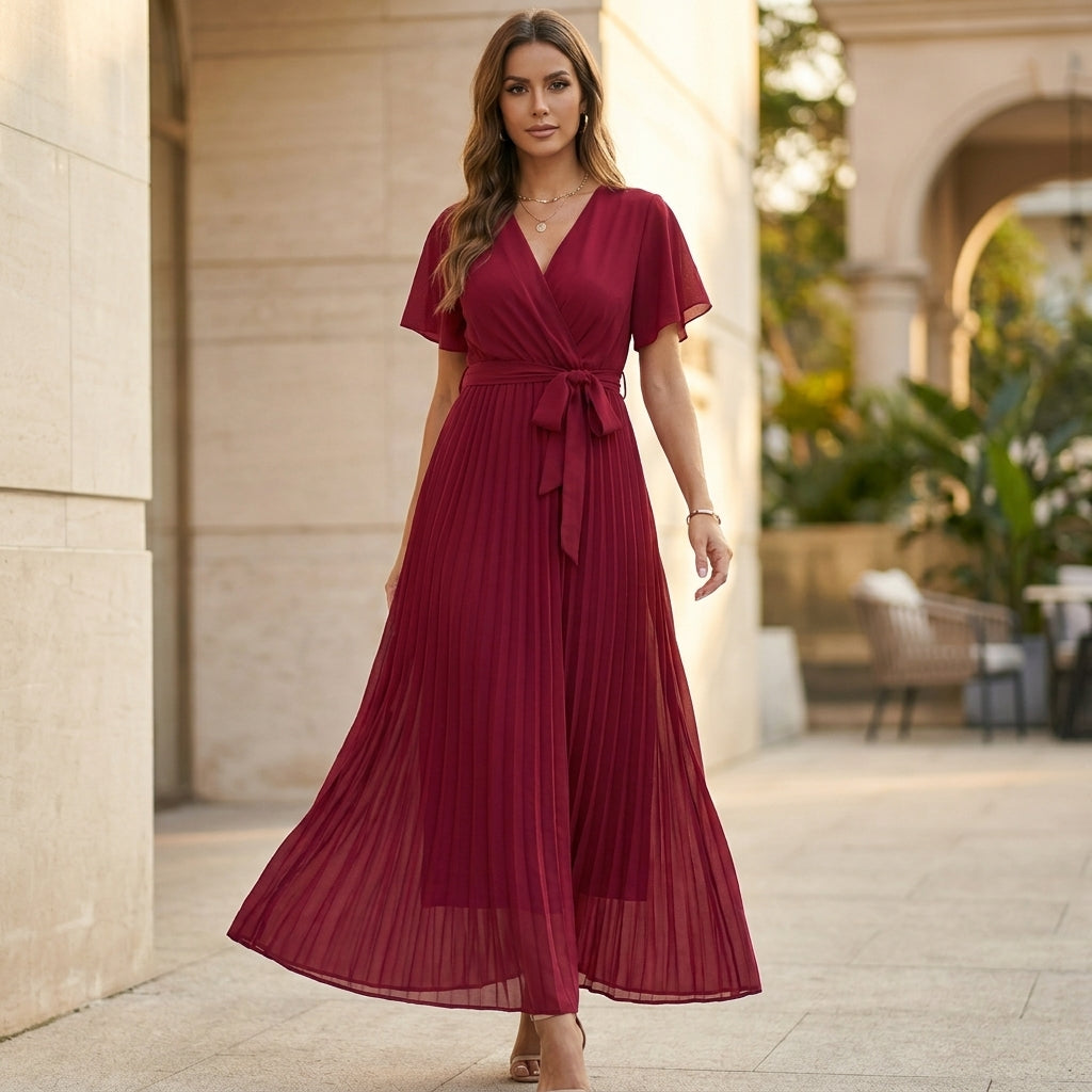 Elegant Pleated Chiffon Maxi Dress with Wrap V-Neck and Flutter Sleeves