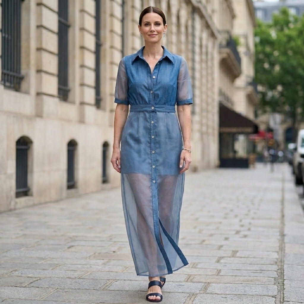 Ocean Twilight Sheer Sleeve Button-Front Maxi Dress