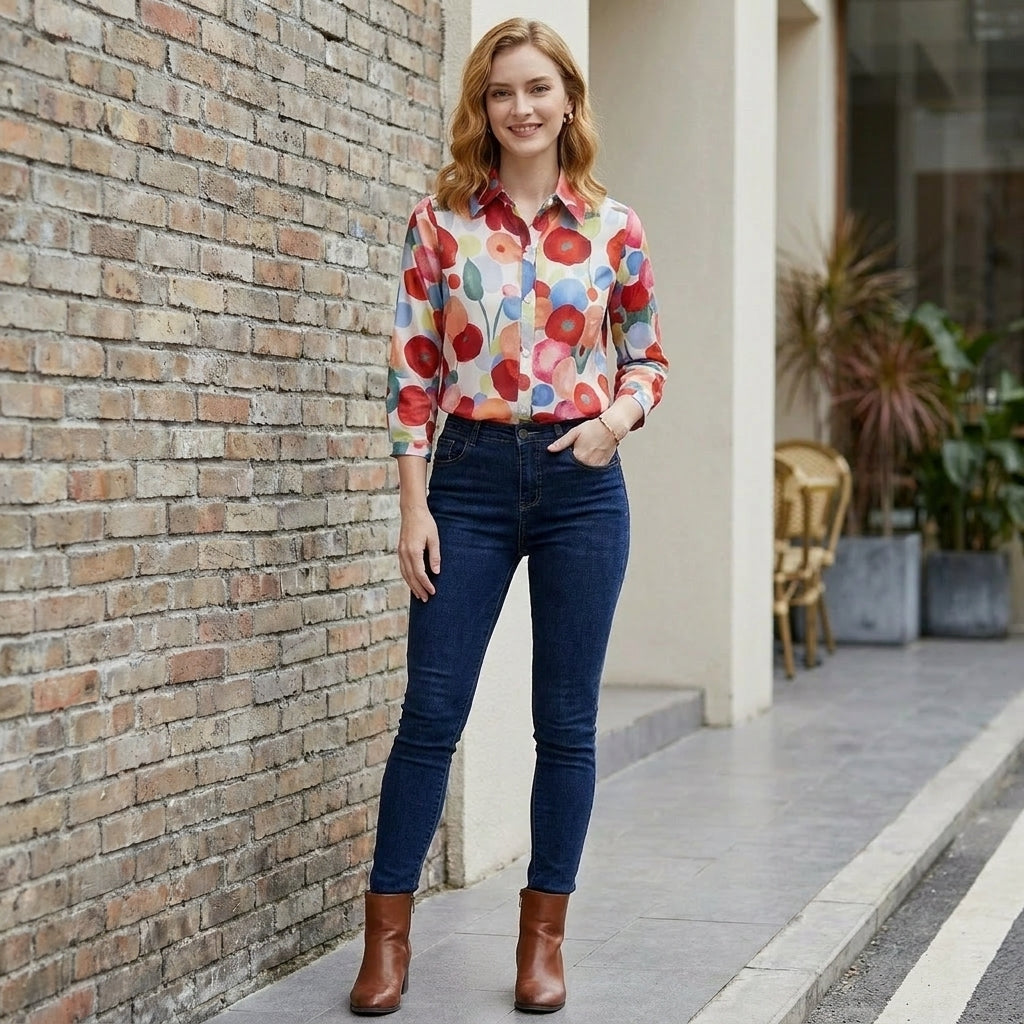 Artistic Floral Button-Up Blouse with Relaxed Silhouette