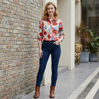 Artistic Floral Button-Up Blouse with Relaxed Silhouette