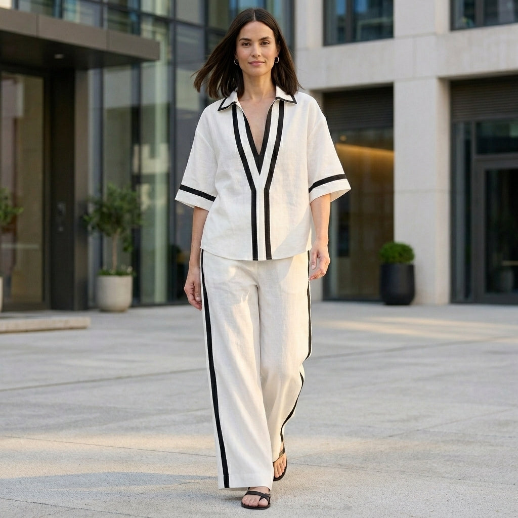 Coastal Chic Contrast Trim Top and Wide-Leg Pants Set