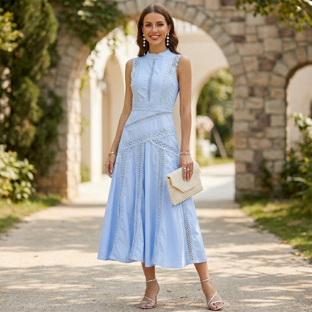 Structured Lace A-Line Midi Dress with High Neckline