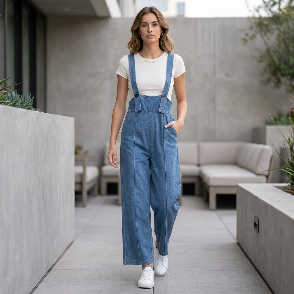 Vintage-Inspired Structured Wide-Leg Denim Overalls with Bib Detail