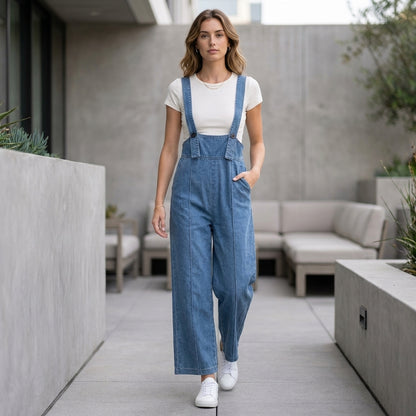 Vintage-Inspired Structured Wide-Leg Denim Overalls with Bib Detail