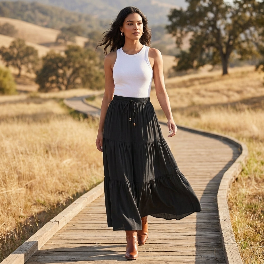 Flowing Tiered Maxi Skirt with Adjustable Waist Tie