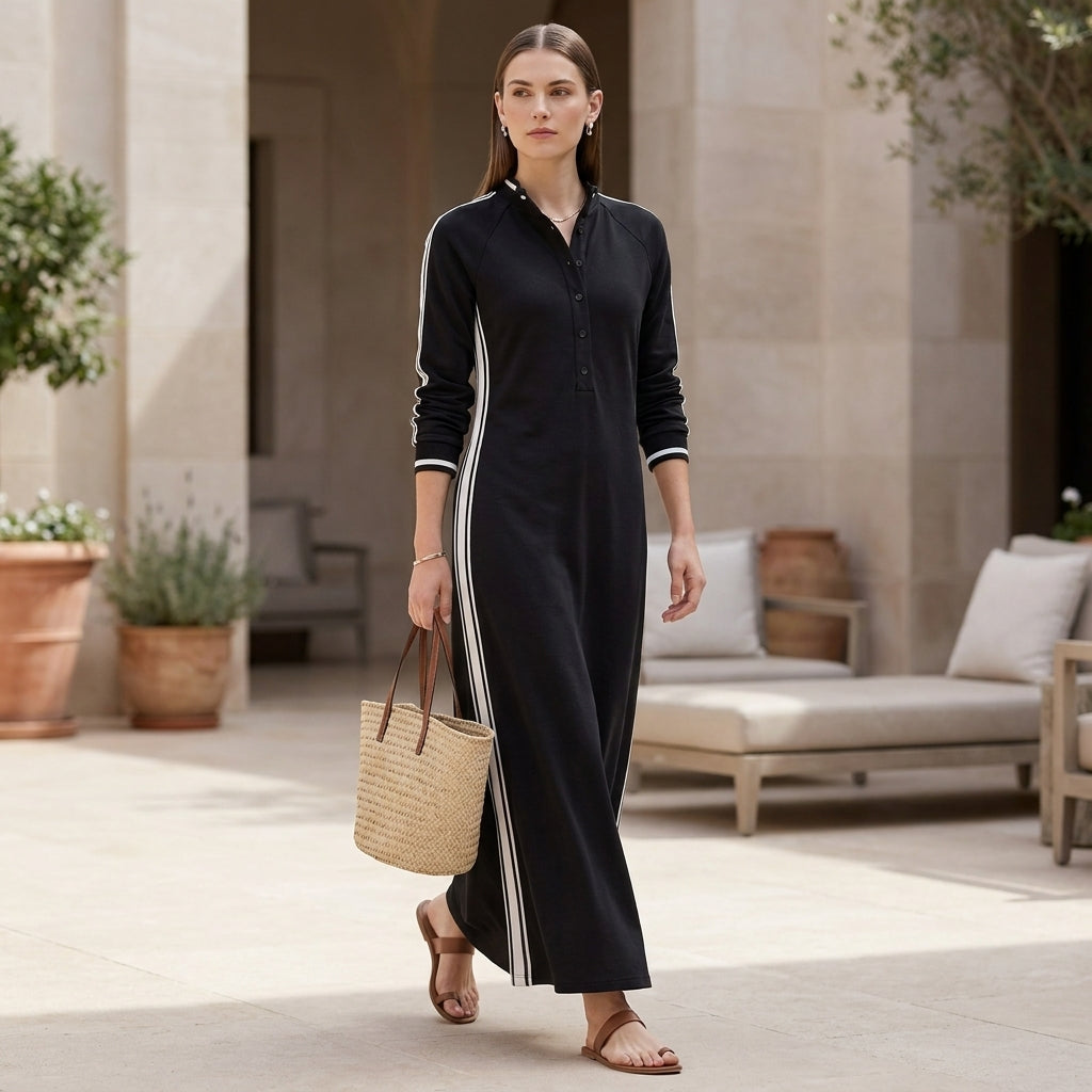 Relaxed Maxi Sweatshirt Dress with Contrasting Trim and Buttoned Collar