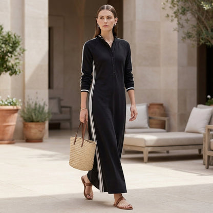 Relaxed Maxi Sweatshirt Dress with Contrasting Trim and Buttoned Collar