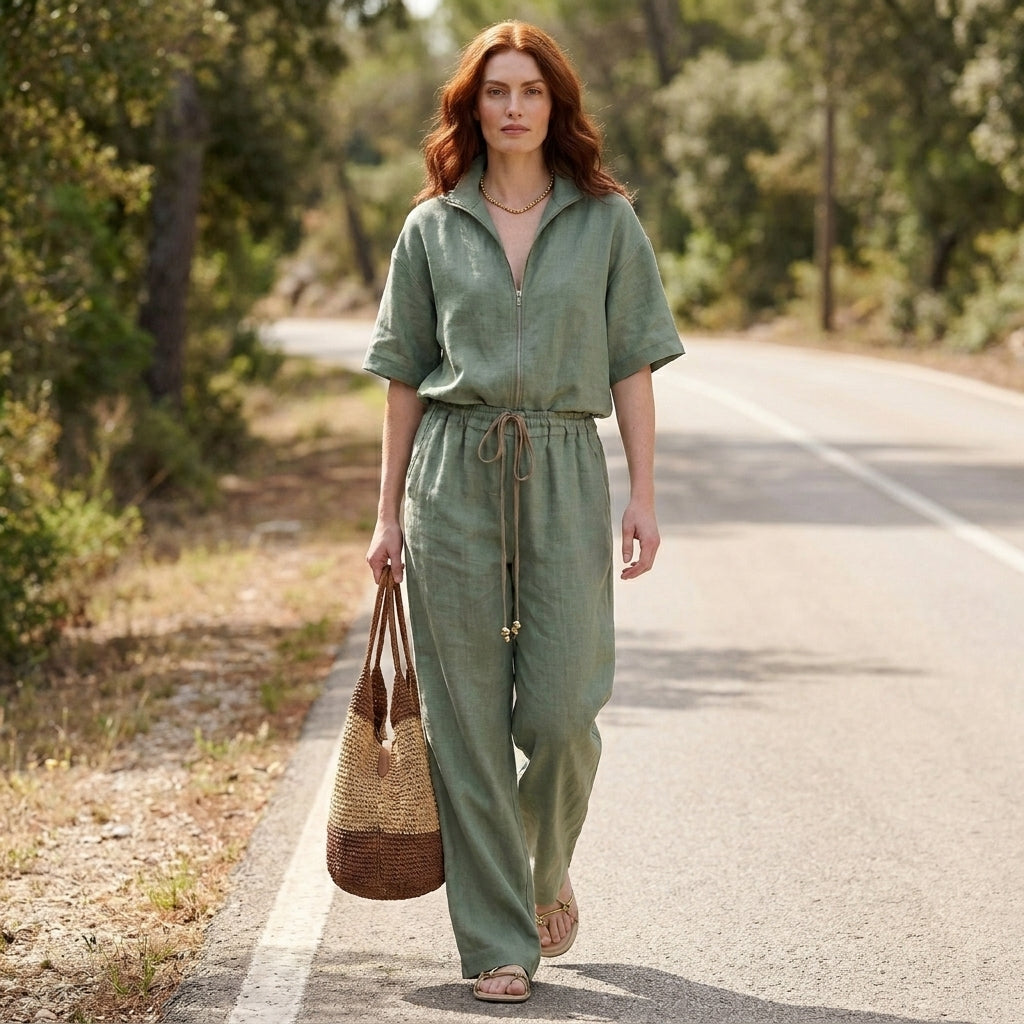 Effortless Zip-Neck Top and Wide-Leg Trouser Set