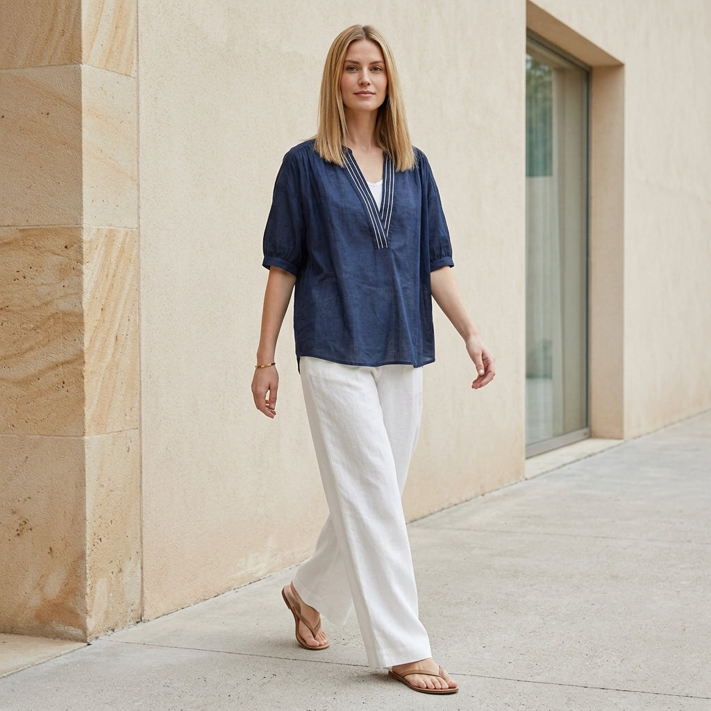 Coastal Breeze Relaxed V-Neck Tunic Blouse