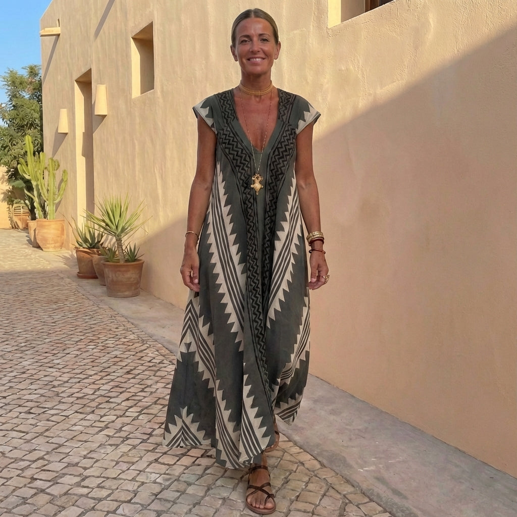 Bohemian-Inspired Flowing A-Line Maxi Dress with Deep V-Neck and Geometric Motifs