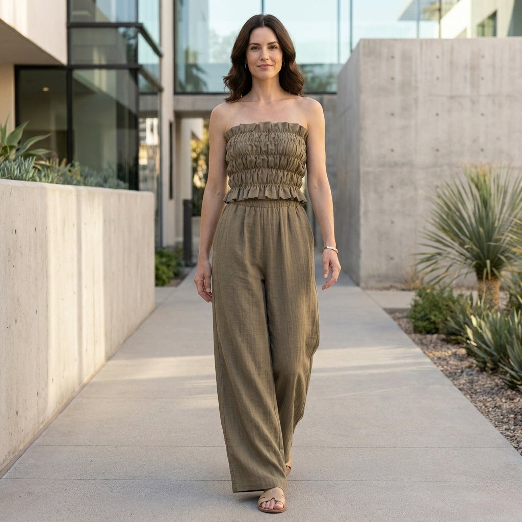 Smocked Strapless Top and Wide-Leg Pants Resort Set