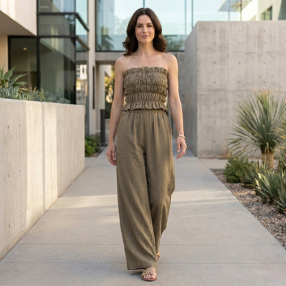 Smocked Strapless Top and Wide-Leg Pants Resort Set
