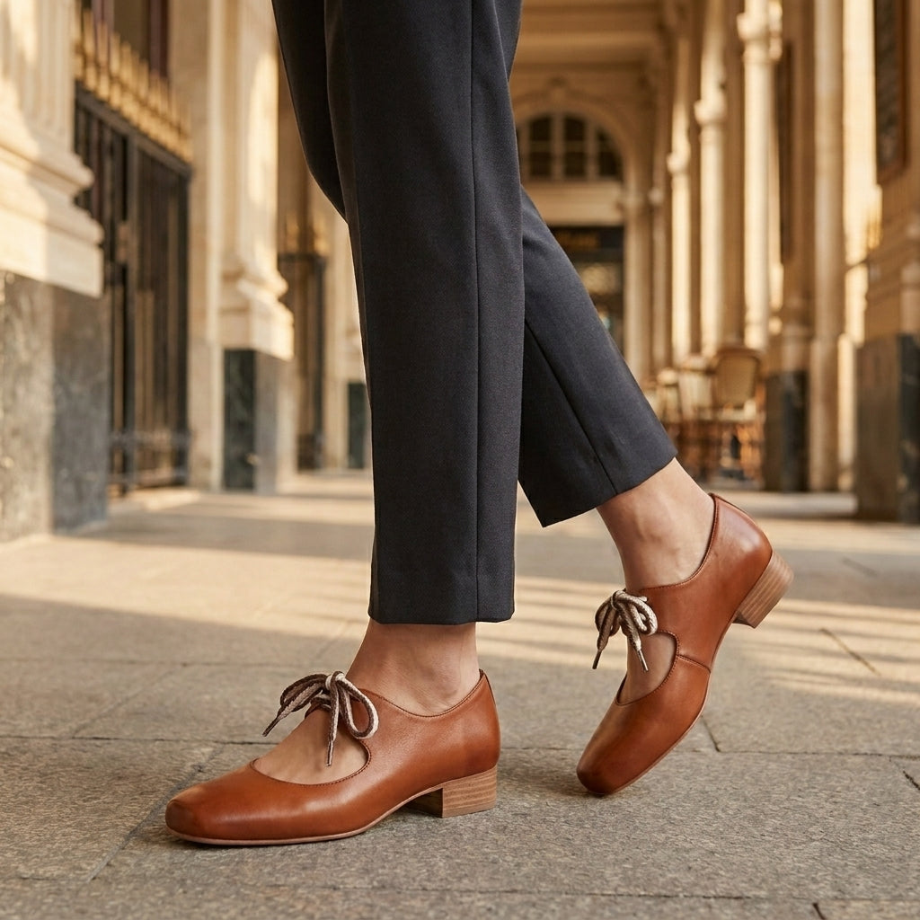 Square-Toe Ballerinas with Braided Lace-Up and Low Block Heel