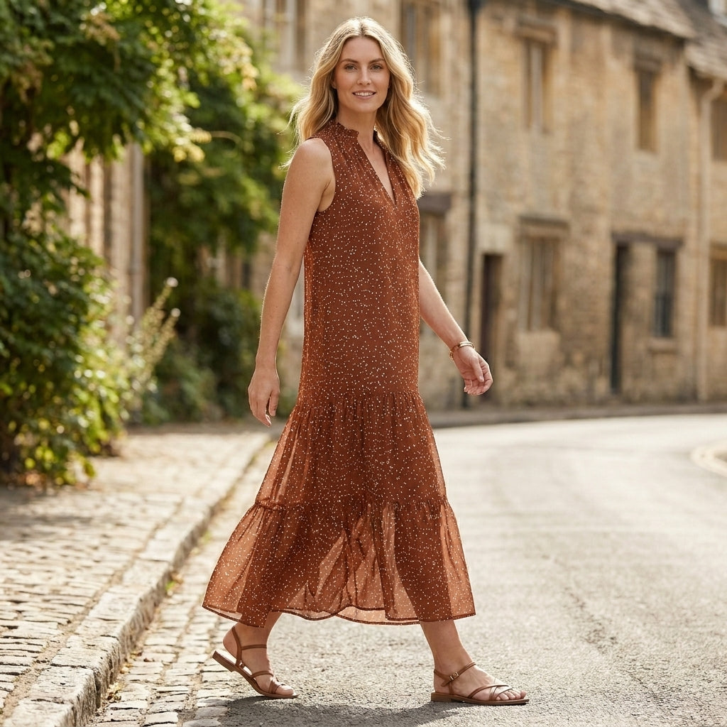 Flowing Sleeveless Printed Midi Dress with Ruffle Hem