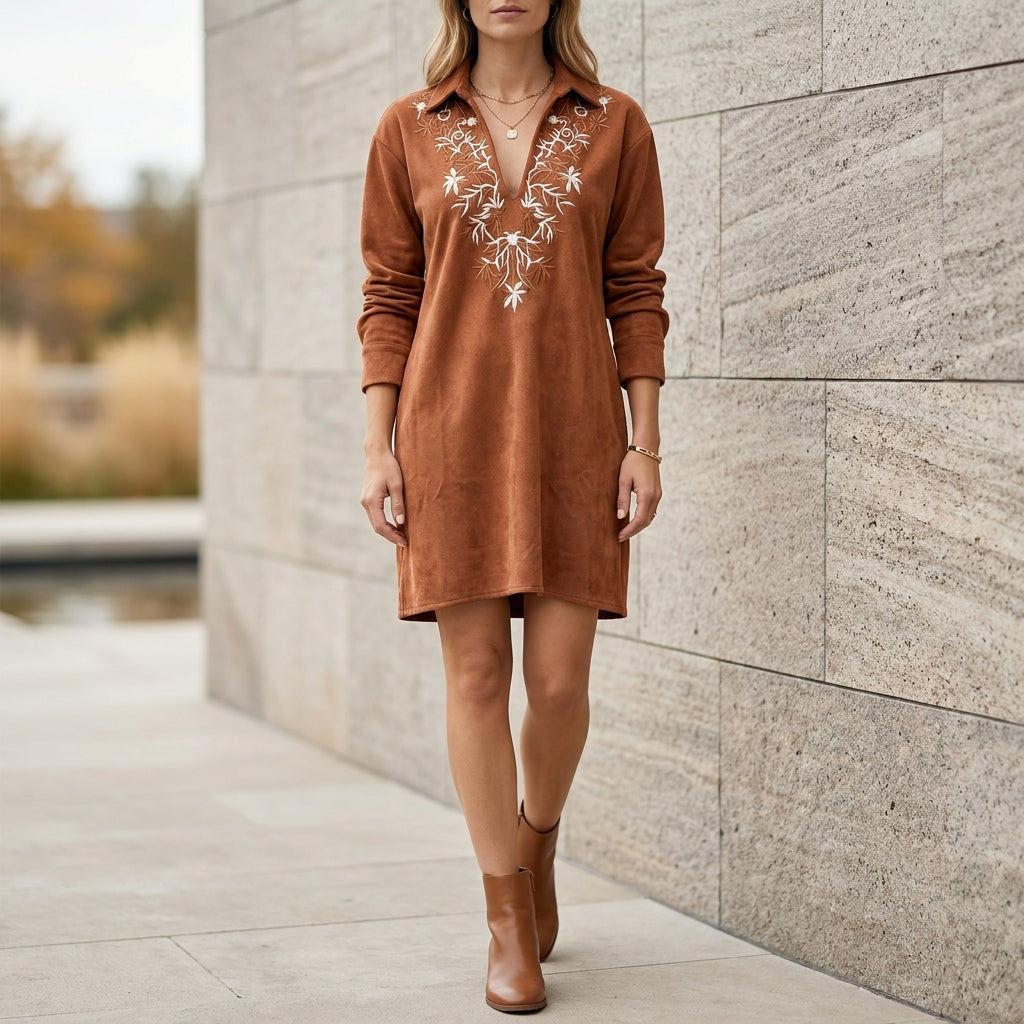 Oversized Embroidered Shirt Dress with Deep V-Neck and Structured Draping