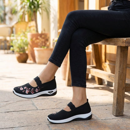 Knit Mesh Mary Jane Flats with Floral Embroidery and Scalloped Strap