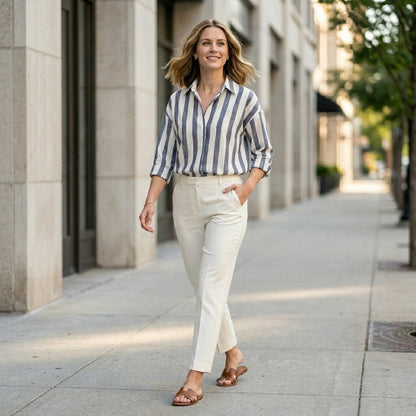 Relaxed Vertical Stripe Button-Up Blouse