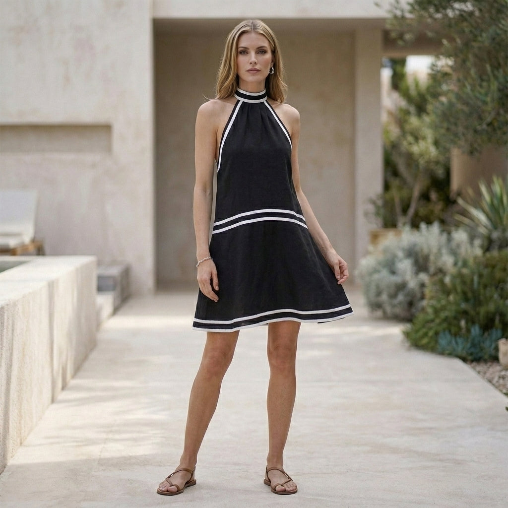 Halter Neck Short Dress with Striped Trim and Flared Silhouette