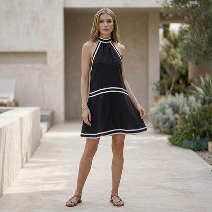 Halter Neck Short Dress with Striped Trim and Flared Silhouette