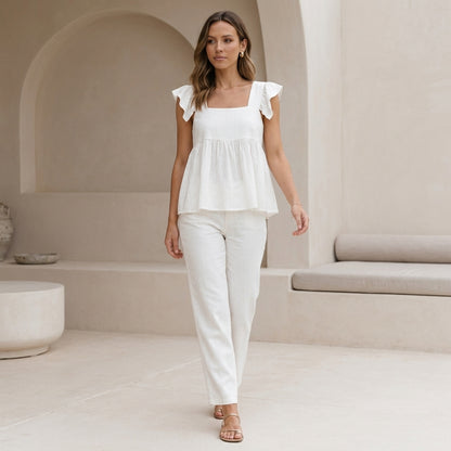 Babydoll Square Neck Sleeveless Top with Ruffle-Trimmed Straps and Empire Waist
