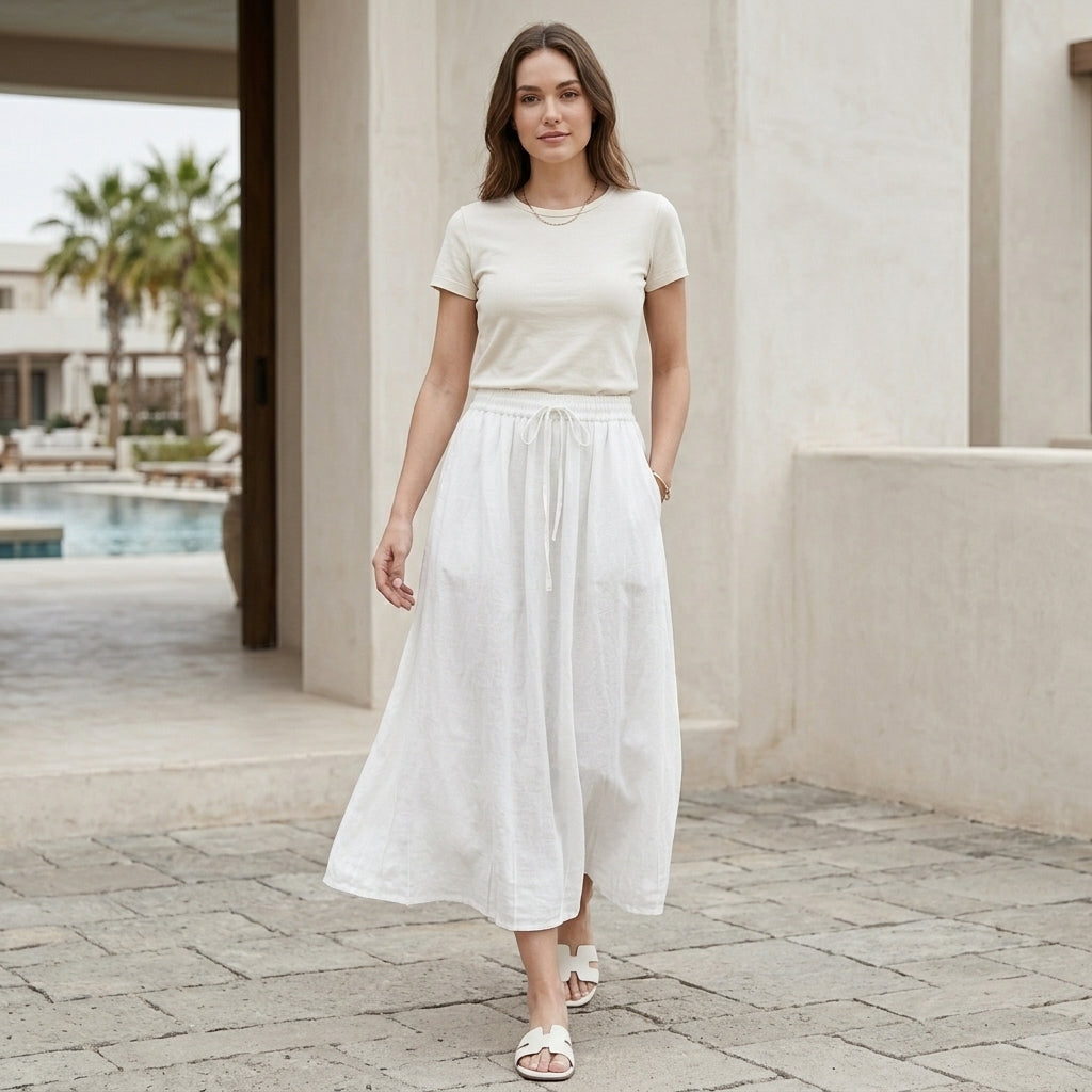 Flowing Linen-Blend Drawstring Maxi Skirt with Relaxed A-Line Silhouette