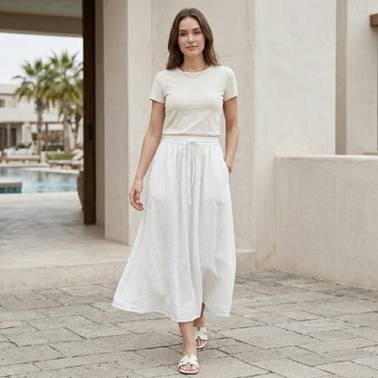 Flowing Linen-Blend Drawstring Maxi Skirt with Relaxed A-Line Silhouette