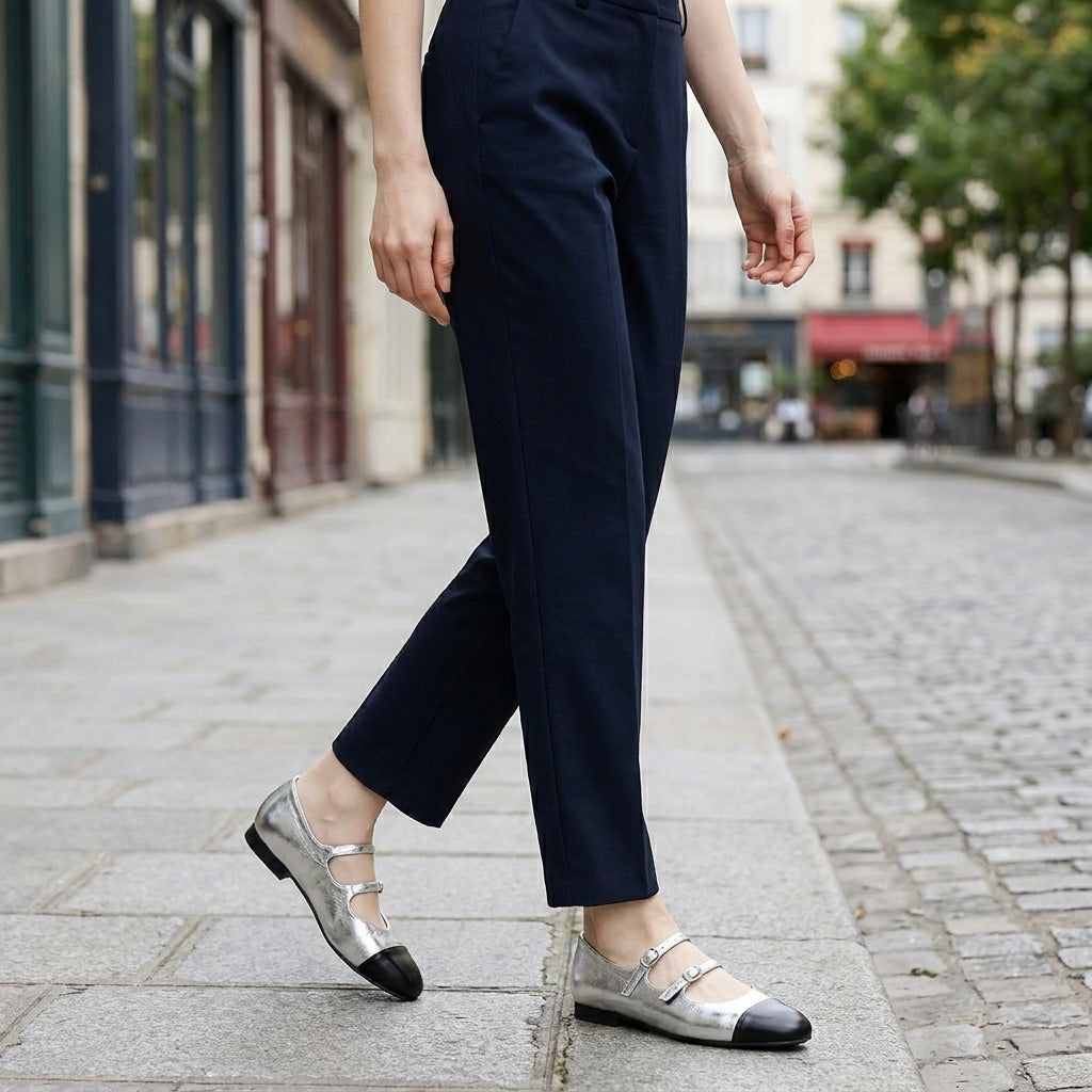Double Buckle Mary Jane Flats with Split-Joint Cap Toe Design