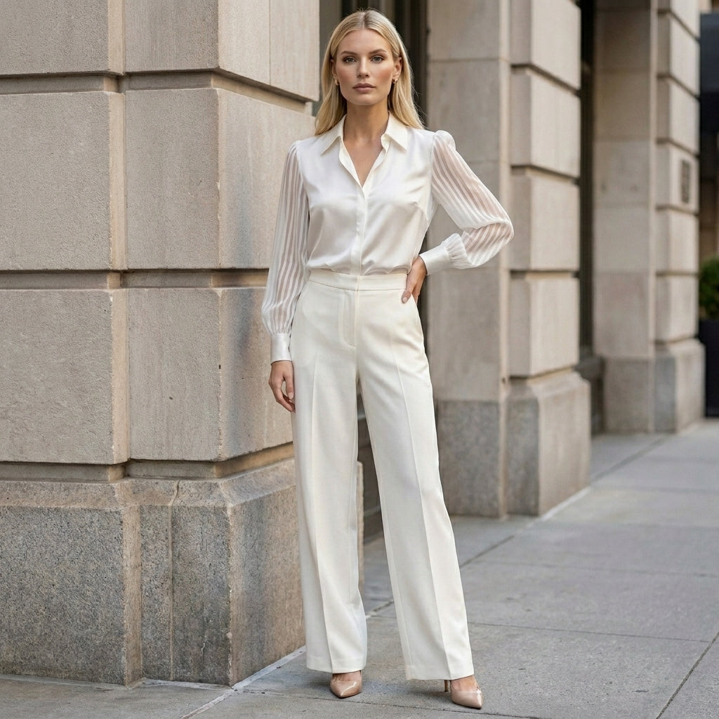 Tailored Polo Collar Blouse with Sheer Striped Balloon Sleeves