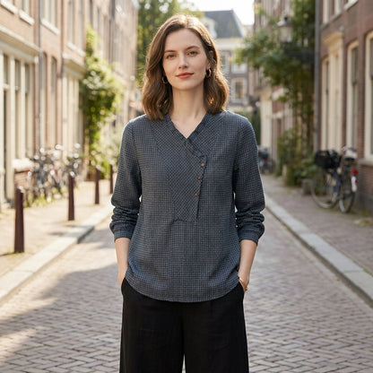 Relaxed Geometric Button Blouse with Loose-Fit Sleeves