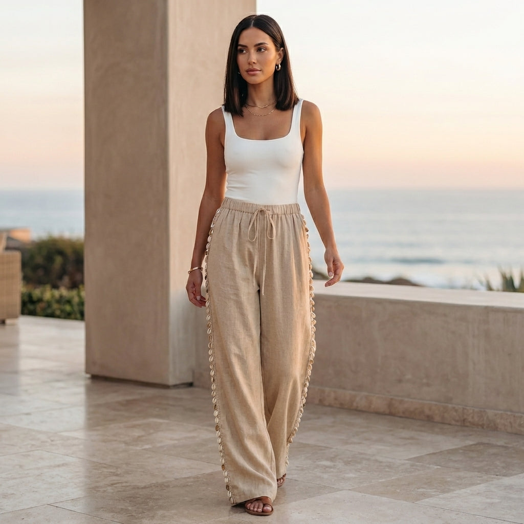Flowing Wide-Leg Pants with Drawstring Waist and Seashell Detailing