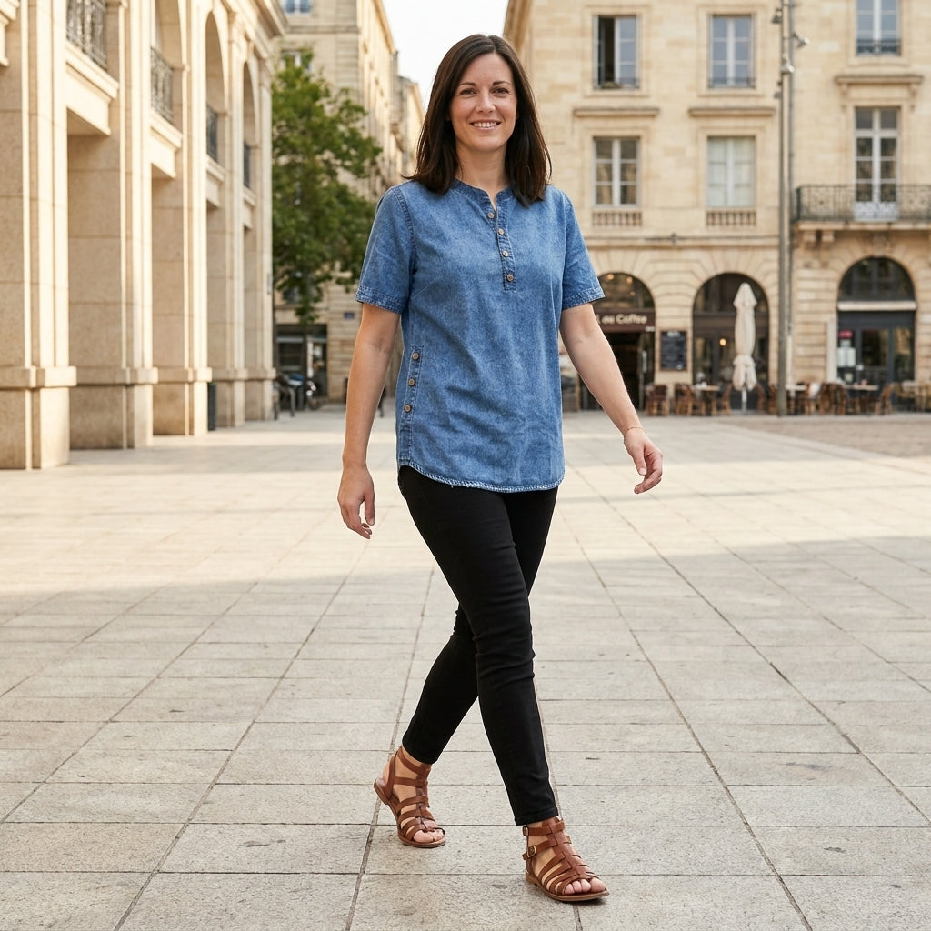 Relaxed Button-Front Denim Look Tunic Top