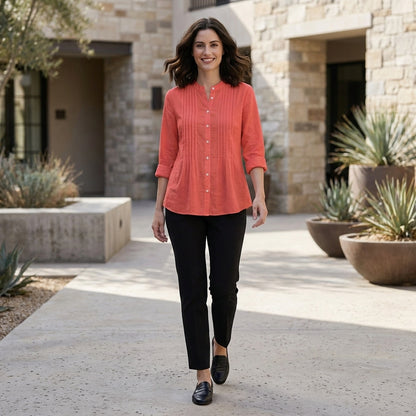 Elegant Pleated Button-Front Blouse with Relaxed Silhouette