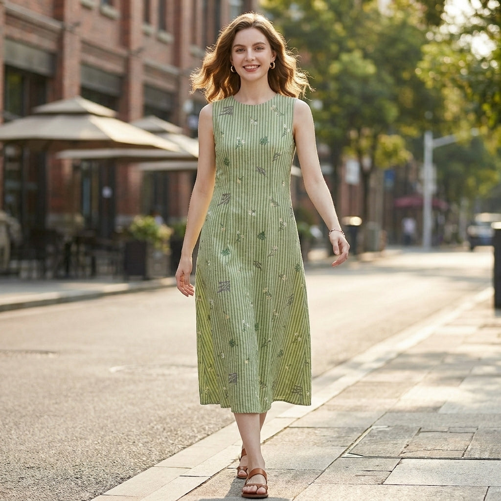 Floral Stripe Sleeveless Midi Dress with Relaxed Flowing Silhouette