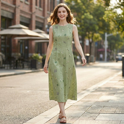 Floral Stripe Sleeveless Midi Dress with Relaxed Flowing Silhouette