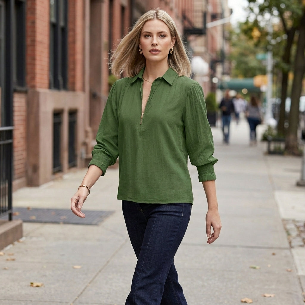 Relaxed Fit Half-Zip Pullover Blouse with Gathered Shoulders
