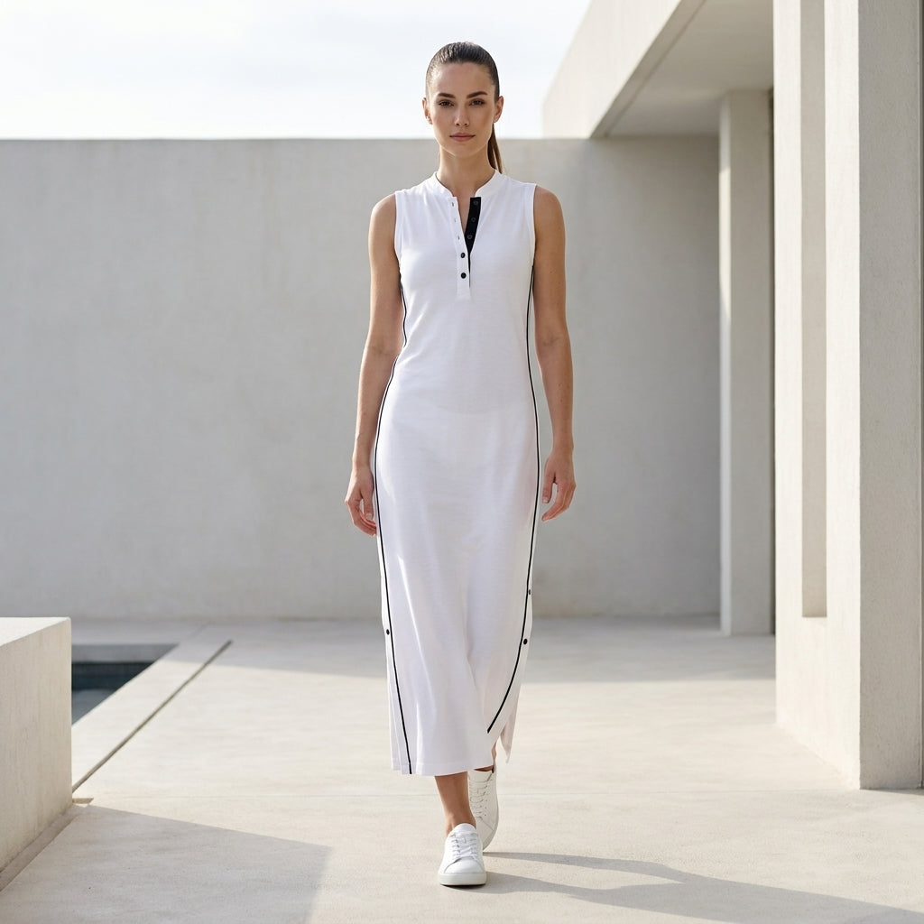 Sleeveless Henley Maxi Dress with Streamlined Side Stripes