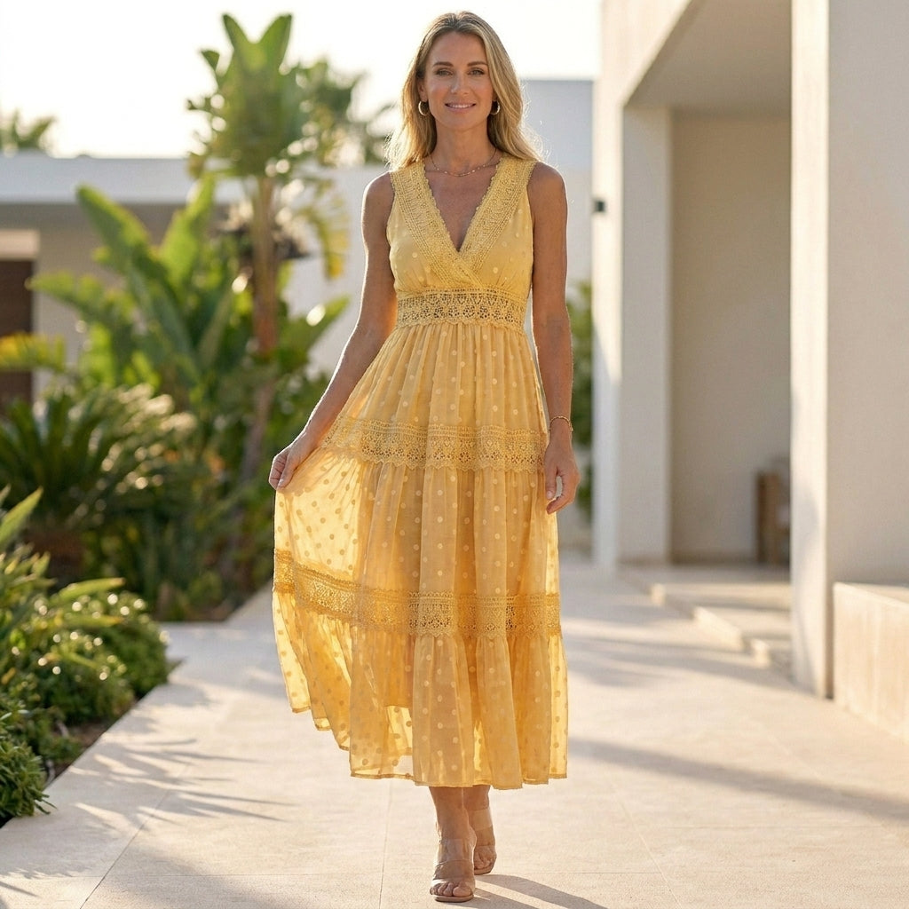 Bohemian Lace Maxi Dress with Tiered Skirt and Delicate Detailing