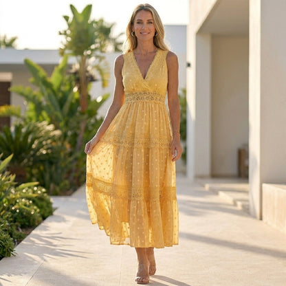 Bohemian Lace Maxi Dress with Tiered Skirt and Delicate Detailing