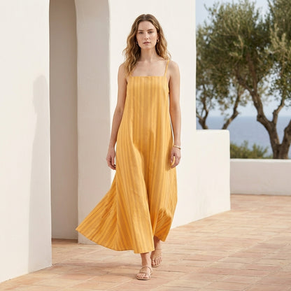 Flowing Striped Maxi Dress with Spaghetti Straps and Square Neckline