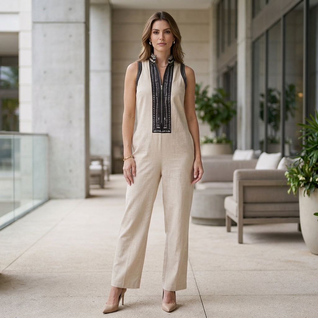 Relaxed Wide-Leg Sleeveless Jumpsuit with Embroidered Stand Collar