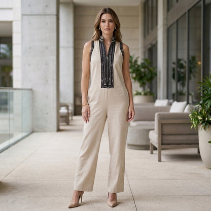 Relaxed Wide-Leg Sleeveless Jumpsuit with Embroidered Stand Collar
