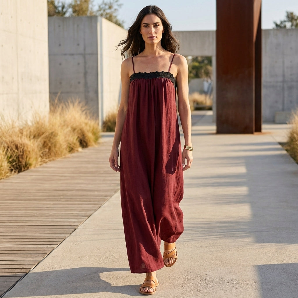 Contrast Trim Smocked Bodice Maxi Dress