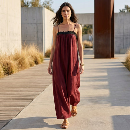 Contrast Trim Smocked Bodice Maxi Dress